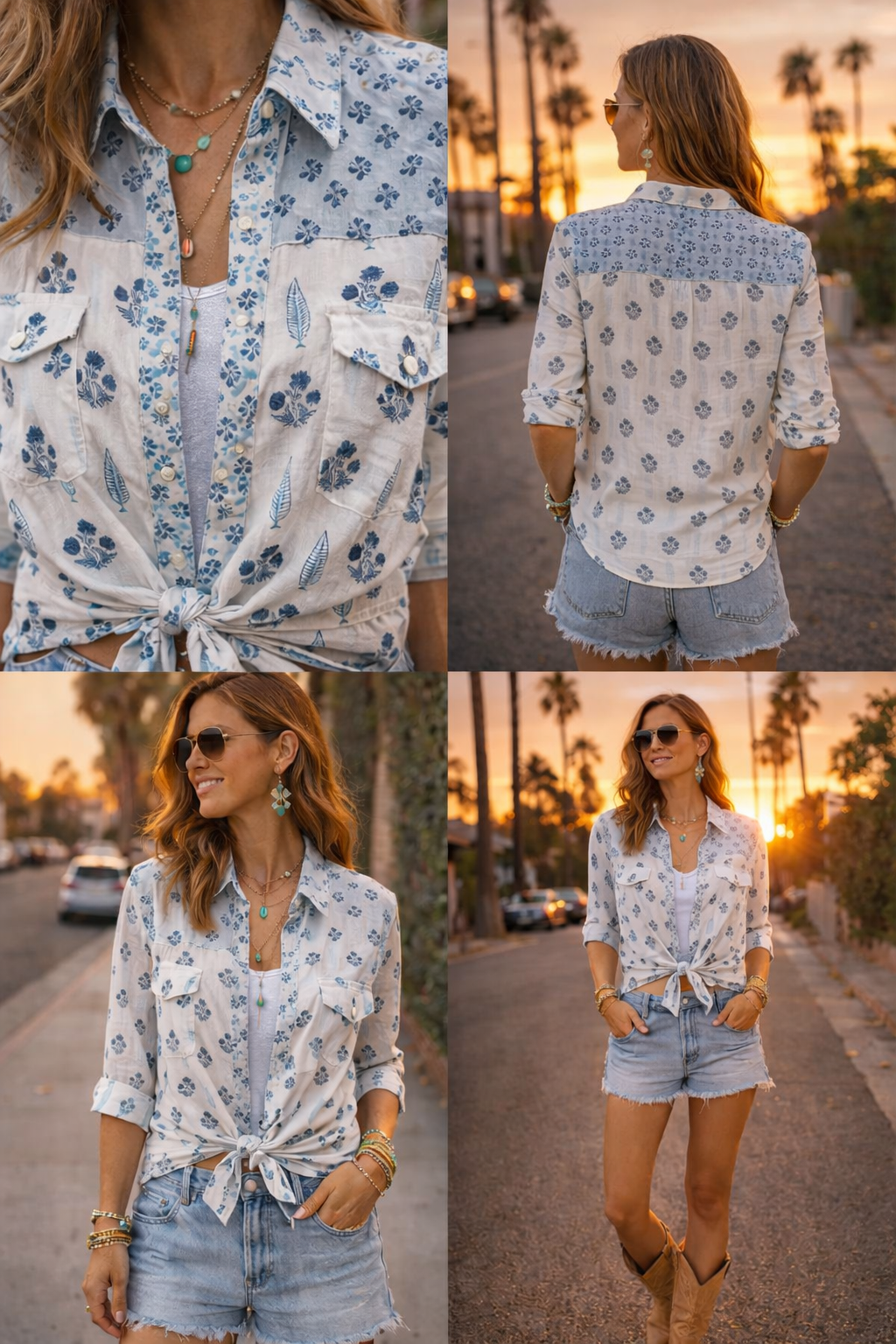Western style woodblock printed cotton voile shirt.