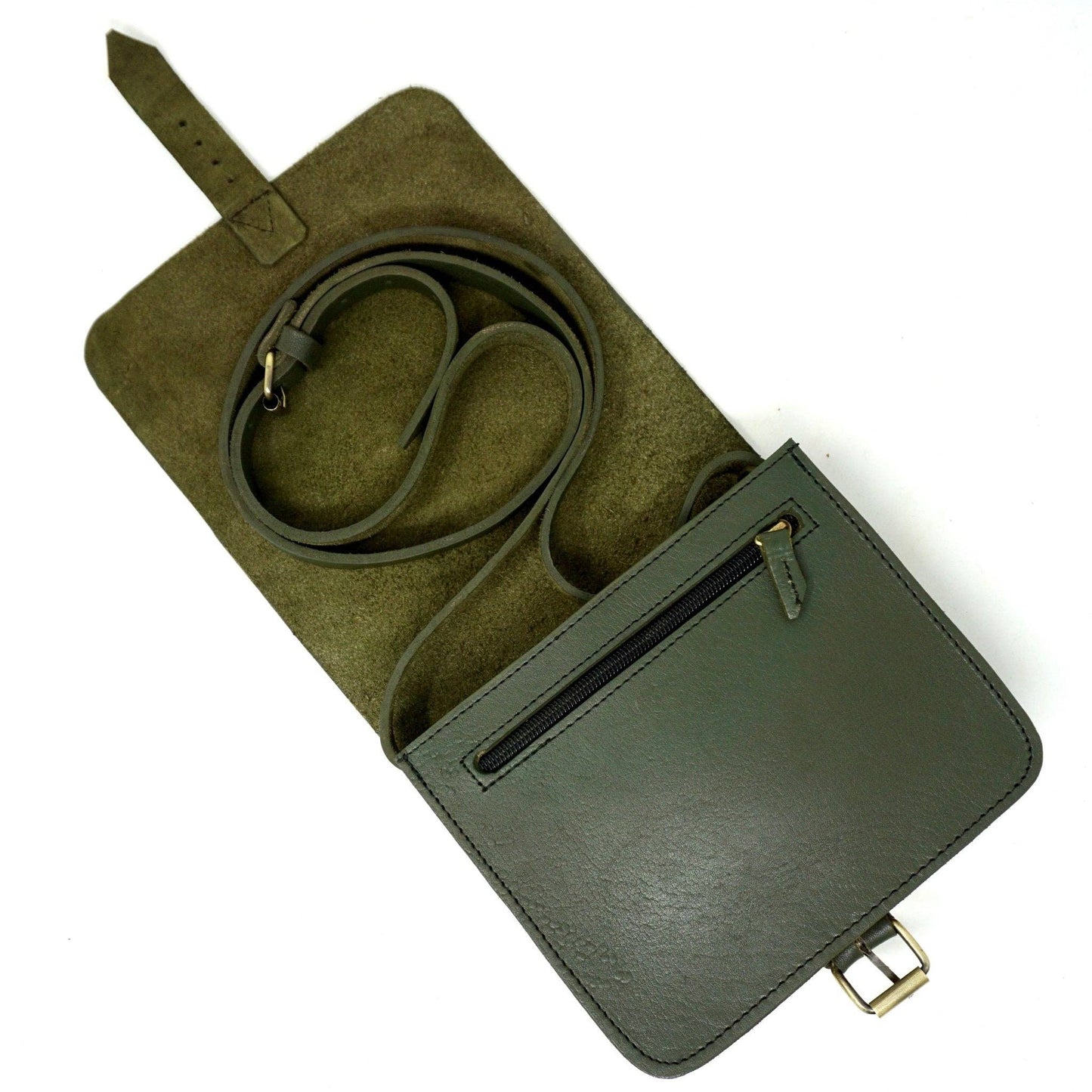 Small Leather Crossbody Satchel – Jessie Unisex Bag in Army Green
