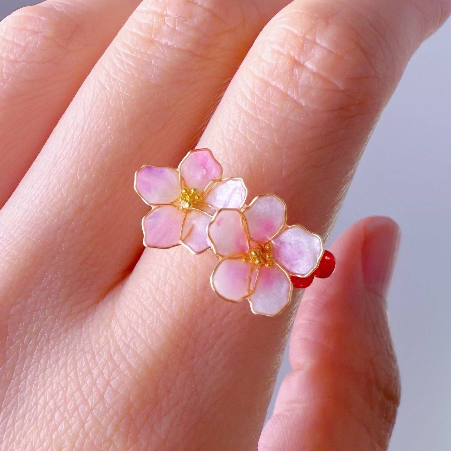 Ninaouity - Handmade Little Dark Pink Cherry Blossom Flowers Ring