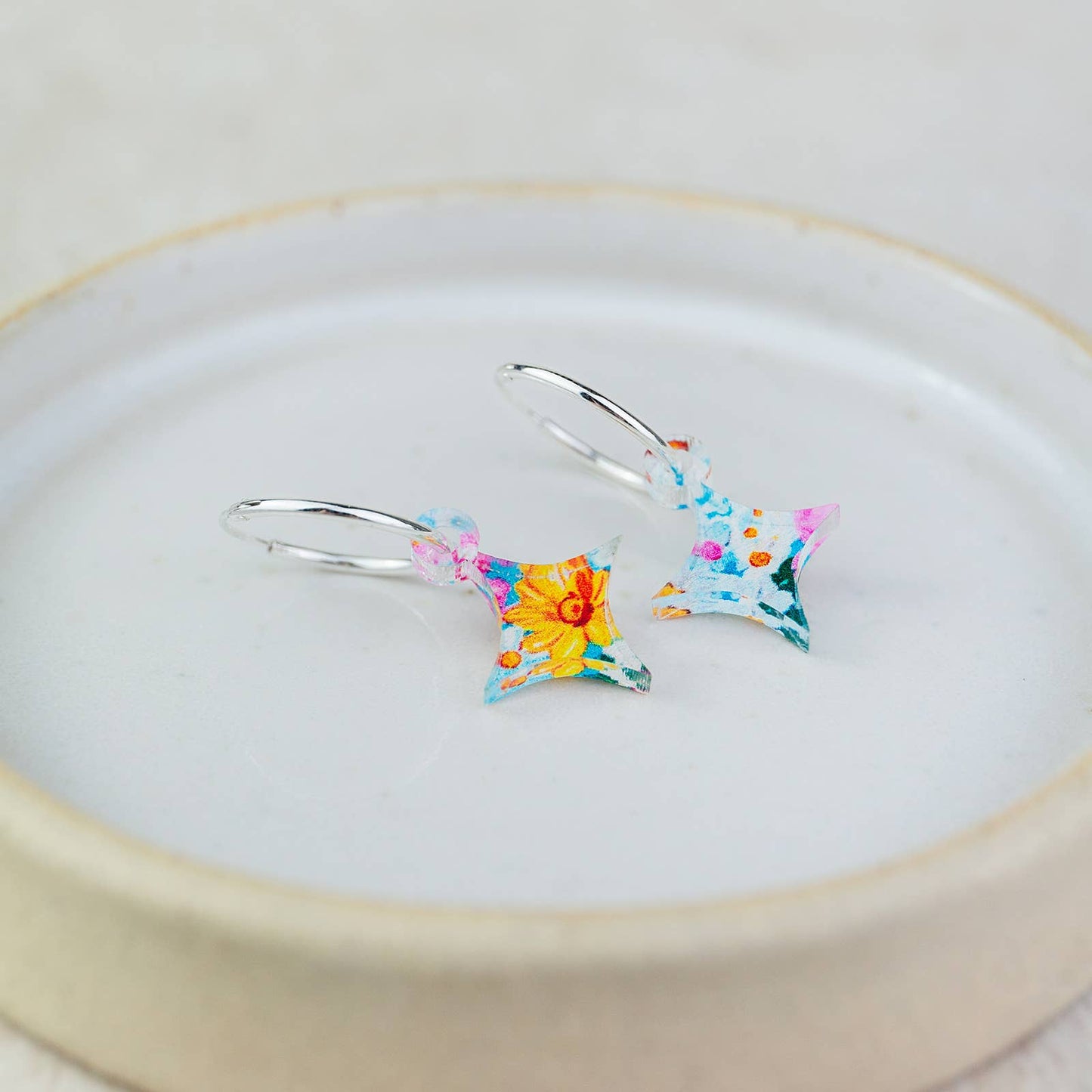 Sterling Silver And Acrylic Colourful Floral Charm Hoops