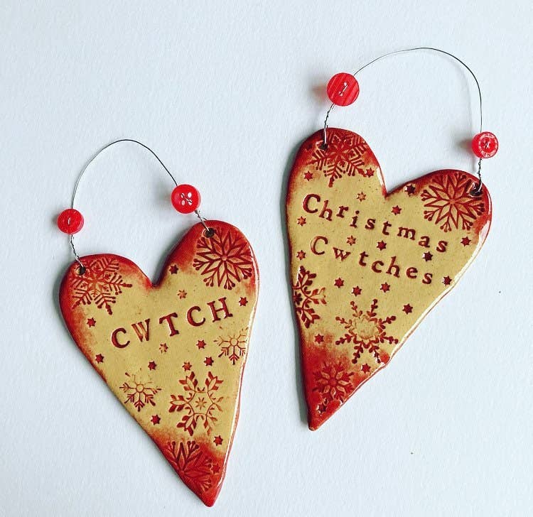 Ceramic Christmas Cwtches Heart Decoration Handmade in Wales