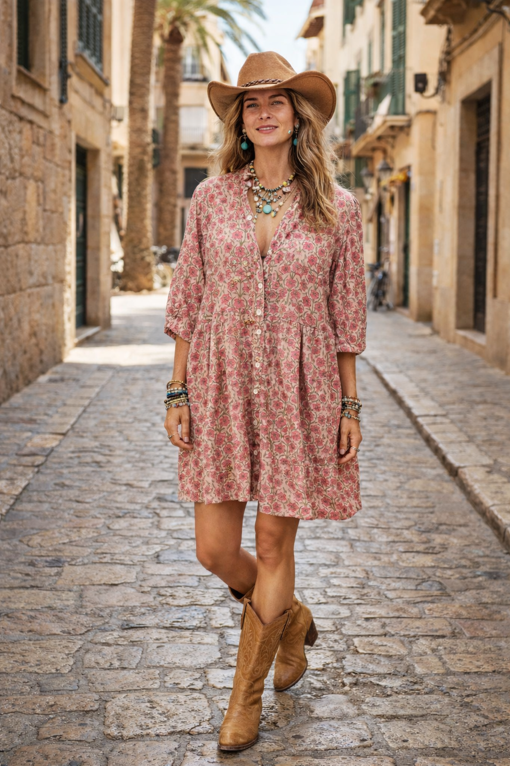 Floral blush pink woodblock print cotton dress