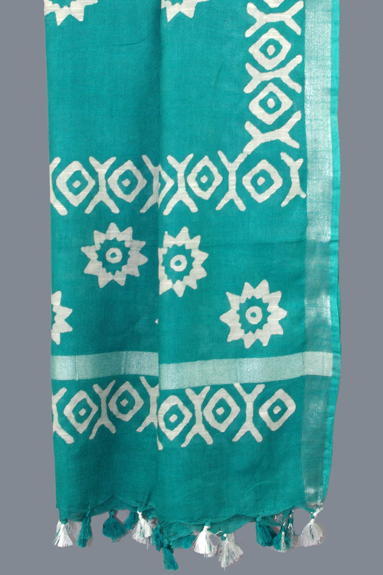 Kantha Decor - Linen Scarf / Stole with Tussle-Teal Green White Batik Print