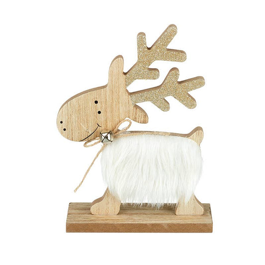 WHITE FUR WOODEN REINDEER