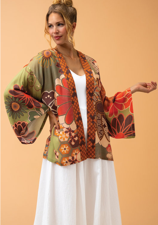 Powder Design 70s Kaleidoscope Floral Kimono Jacket in Sage
