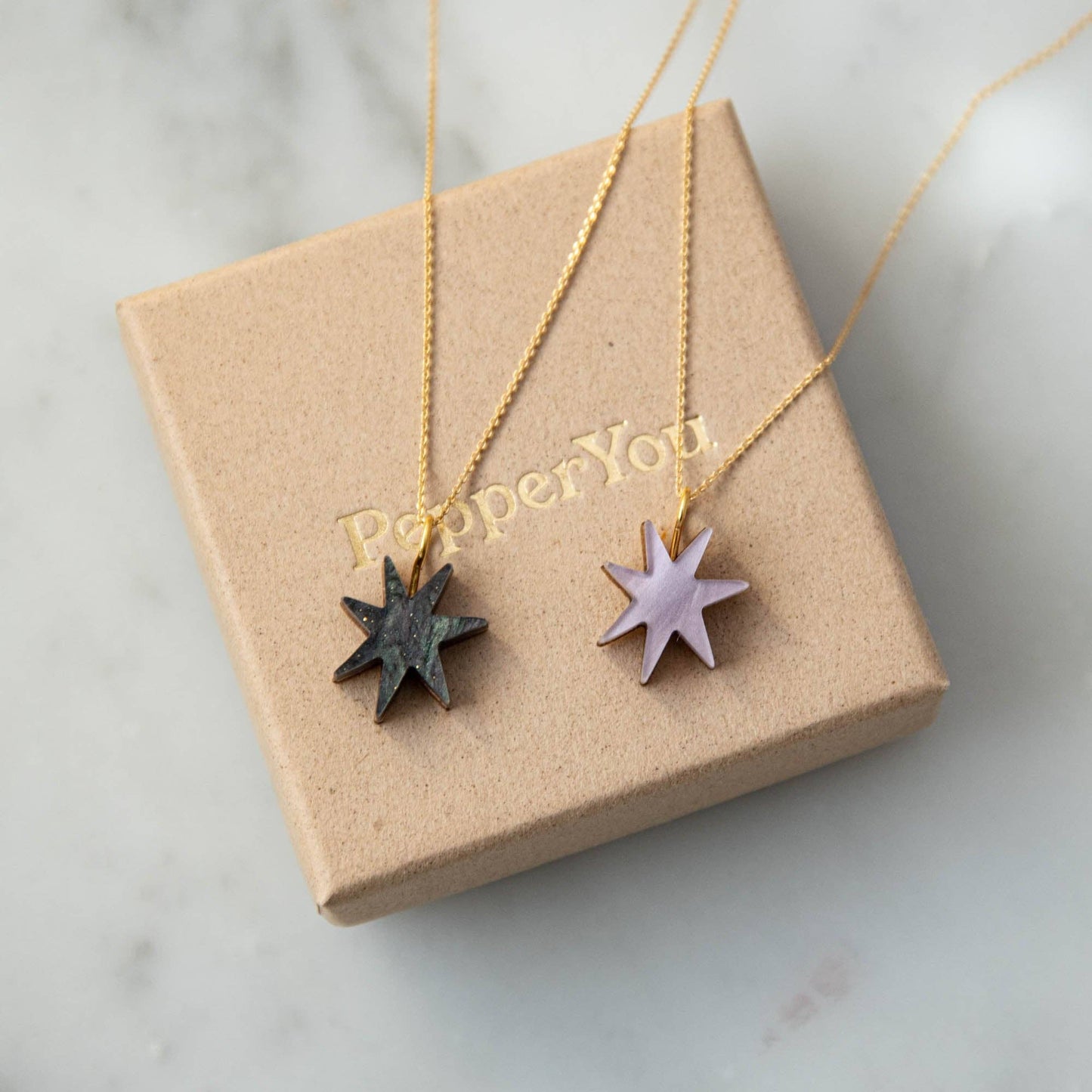 Pepper You Hand Drawn Star Gold Necklace in Smoke Black Sparkle: Marble Teal Sparkle