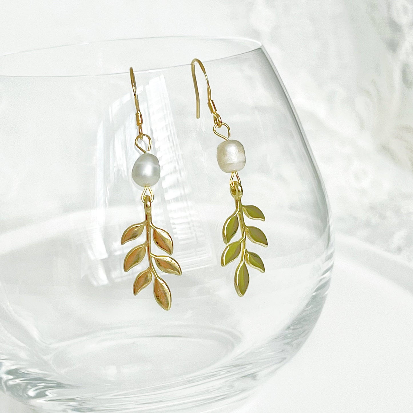 Ninaouity - Gold Willow Leaf and Freshwater Pearl Earrings