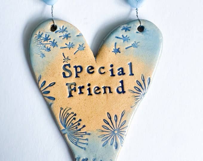 Special Friend ceramic hanging heart. Made in Wales.