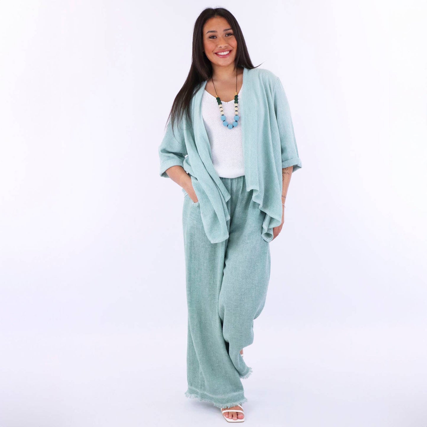 Cadenza Linen and Cotton Blend Waterfall Front Cardi: One Size