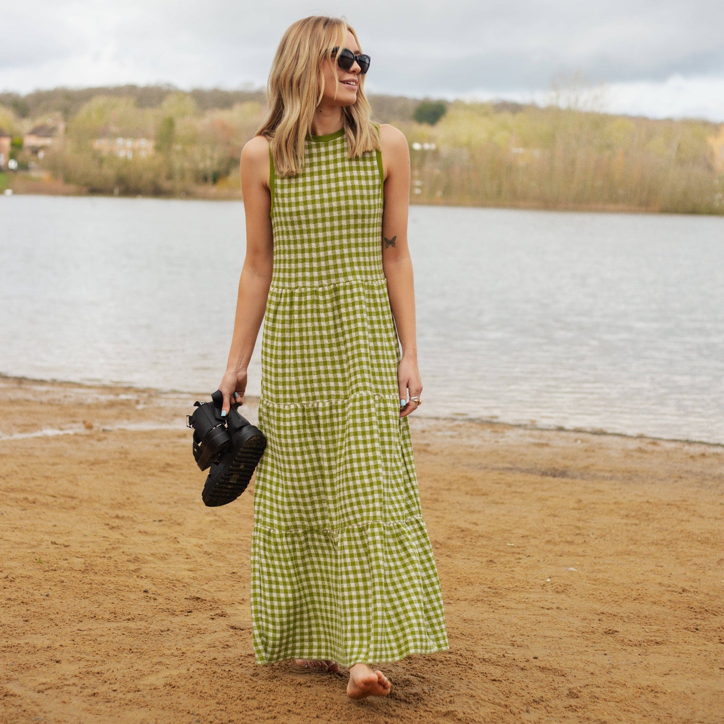 Cara & The Sky - Paula Gingham Knitted Midi Dress - Green