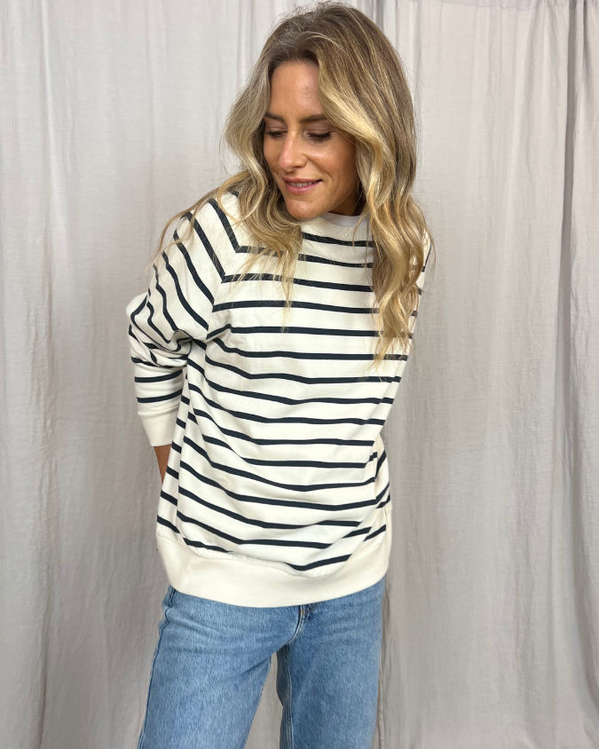 Ivy Nancy Oversized Organic Cotton Ecru/Navy Breton Sweatshirt