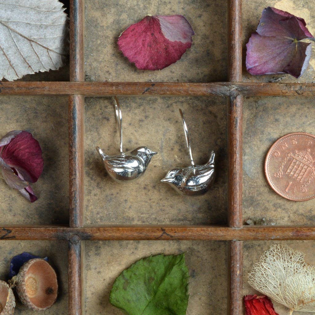 Wren Drop Earrings English Pewter Bird Jewellery