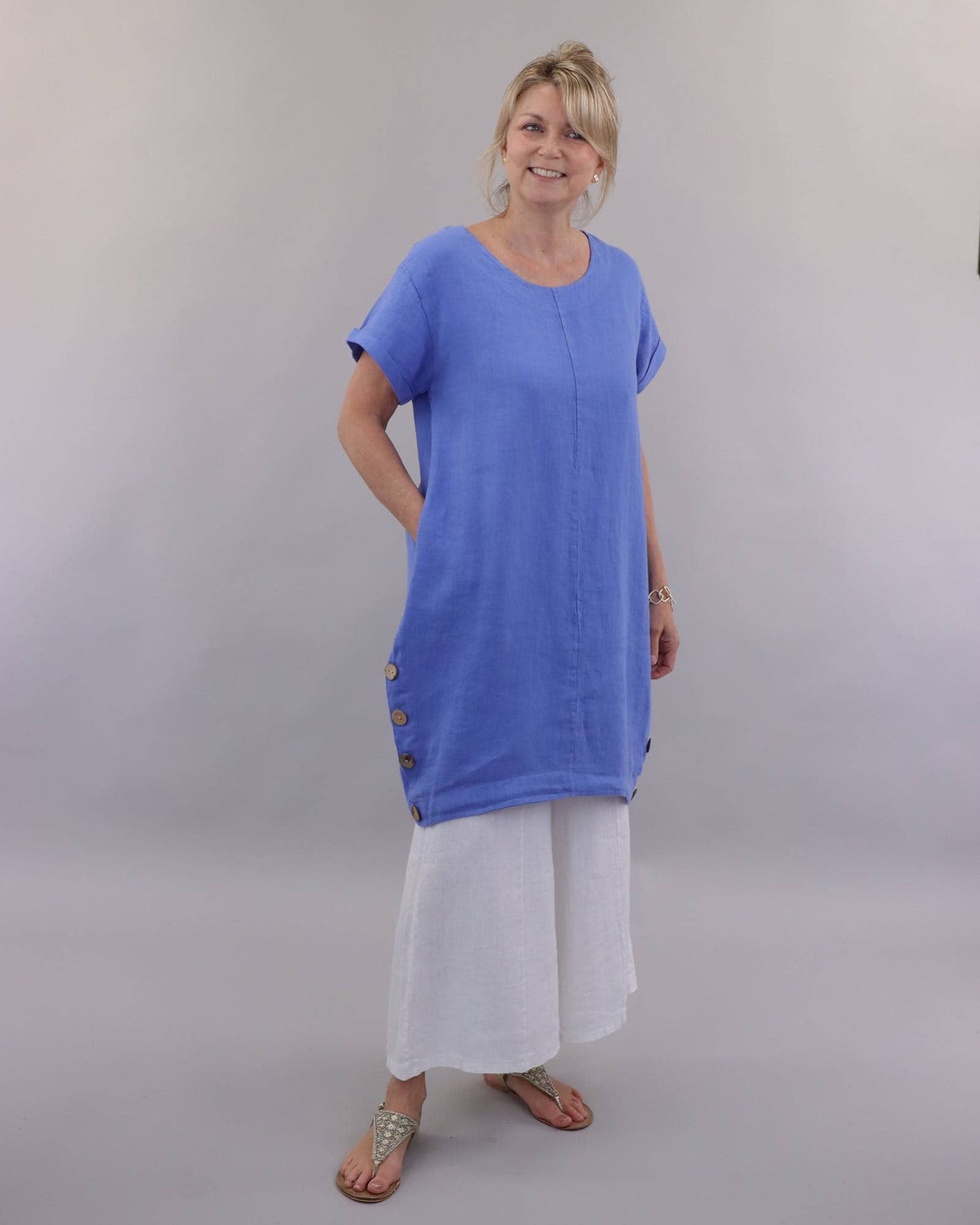 Cadenza Coconut Button Linen Dress: Lotus