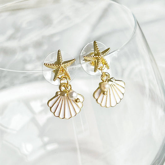 Ninaouity - Gold Starfish and Seashell with Mini Pearl Drop Earrings