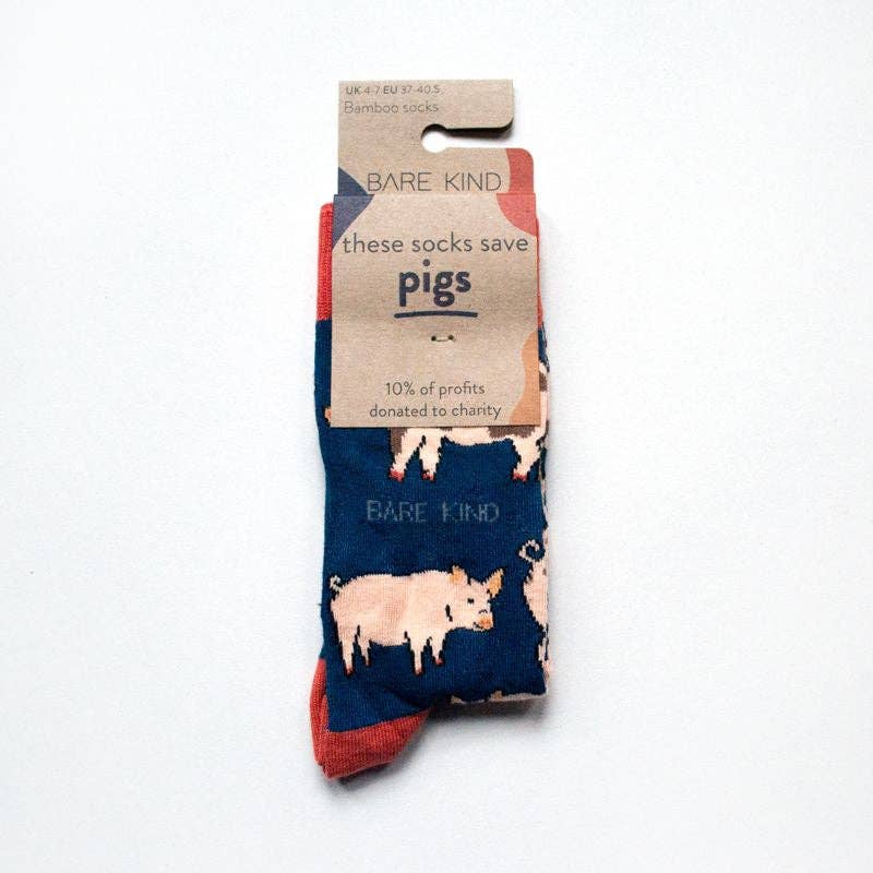 Pig Socks | Bamboo Socks | Blue Socks | Farm Socks: UK Adult 7-11 / Single Pair / Pigs