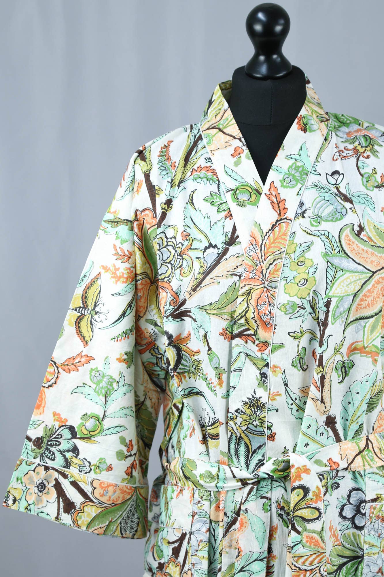 Kanthor Decor Cotton Kimono Dressing Gown Robe - Tropical Garden On Pearl