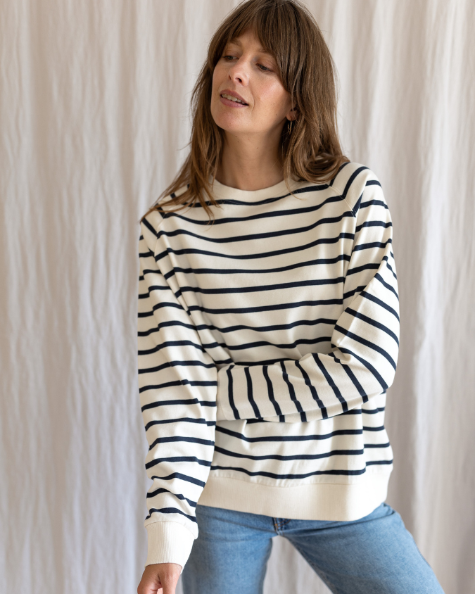 Ivy Nancy Oversized Organic Cotton Ecru/Navy Breton Sweatshirt