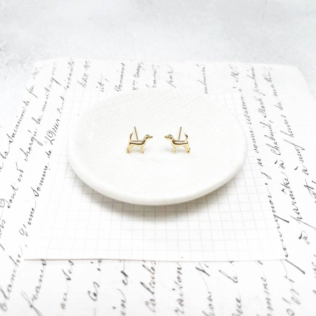 Gold-plated Dog Stud Earrings: Original Art in a Glass Dome