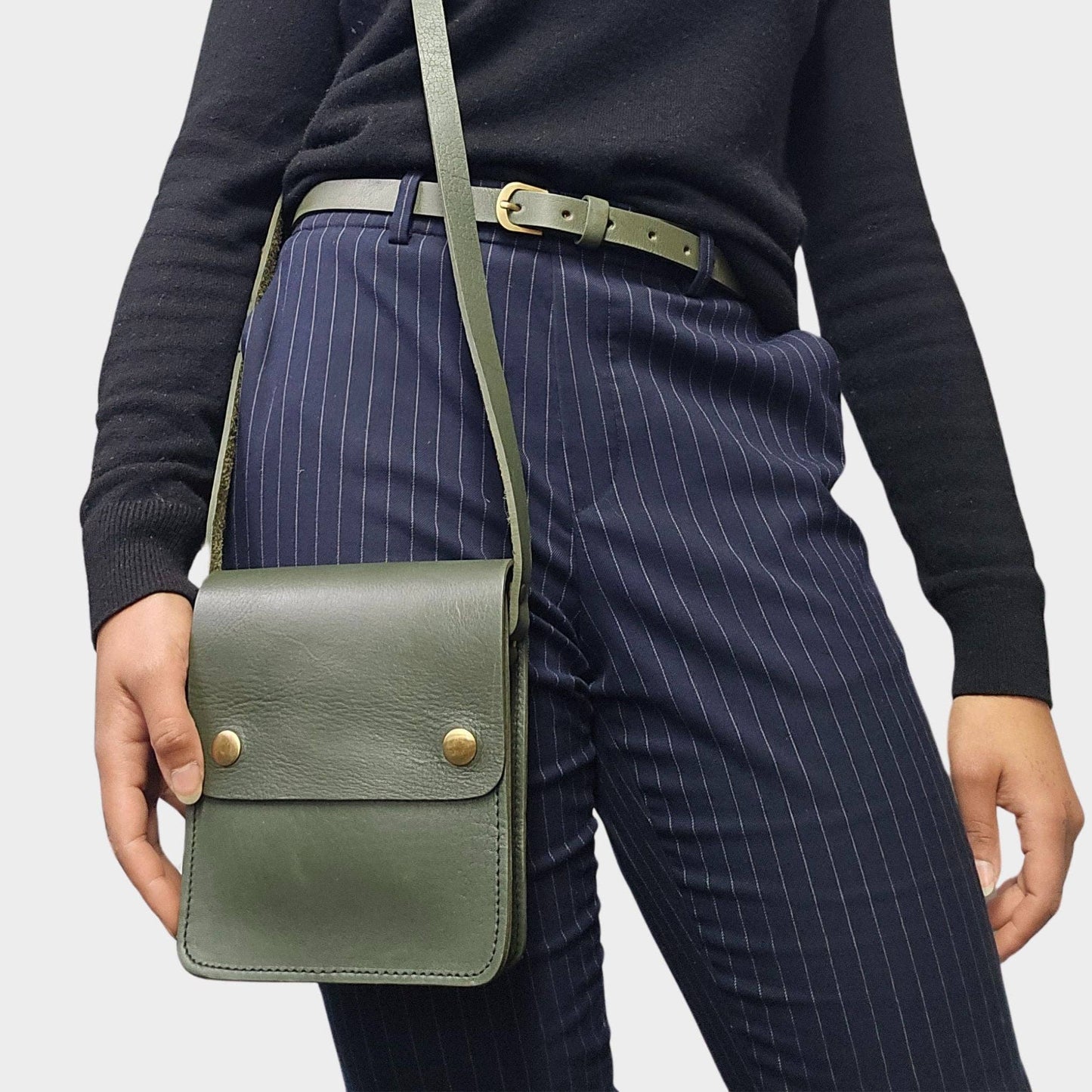 Olive Green Small Leather Crossbody Bag with Pop Closure