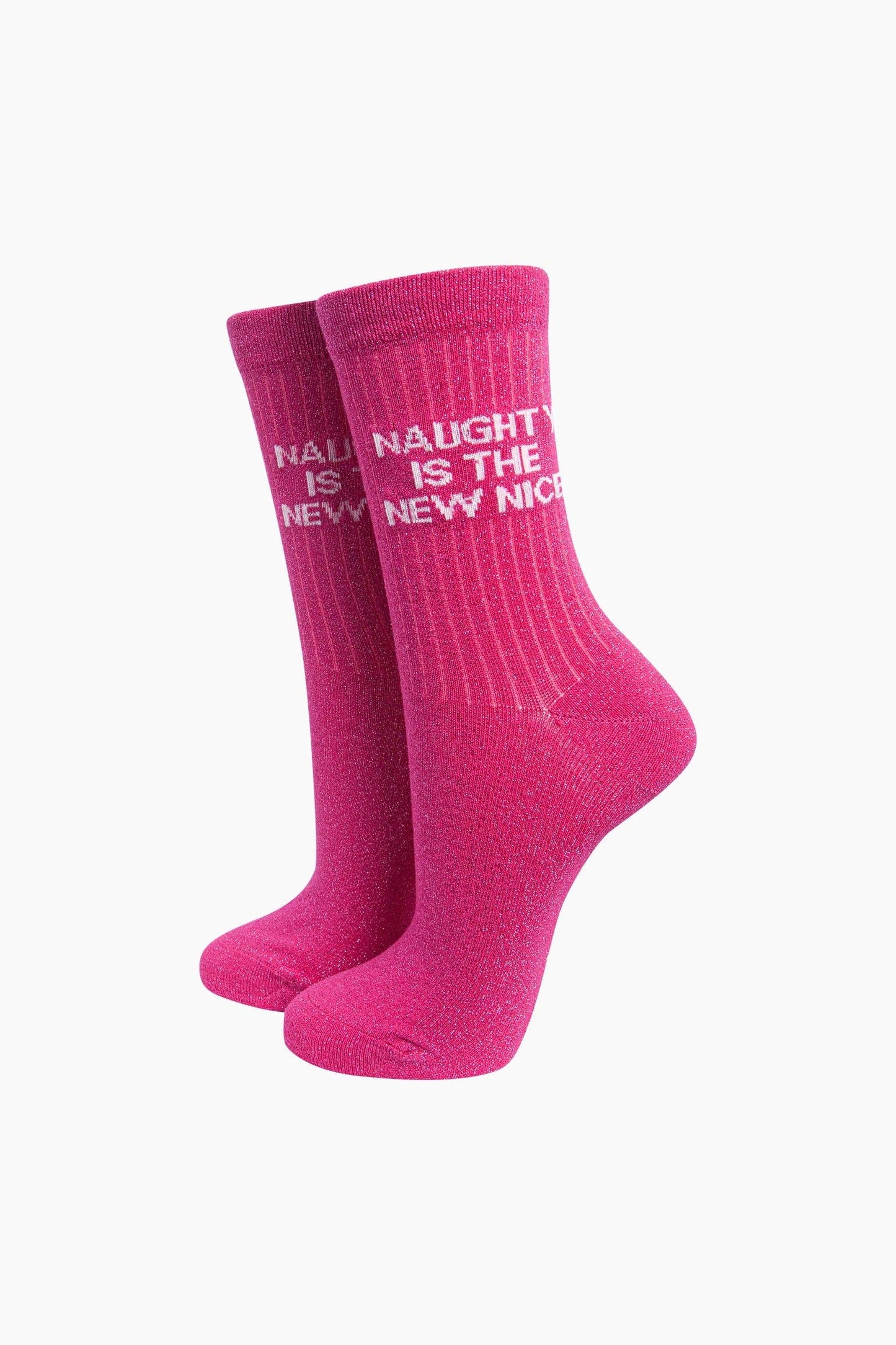 Naughty Is The New Nice Combed Cotton Glitter Socks in Hot Pink