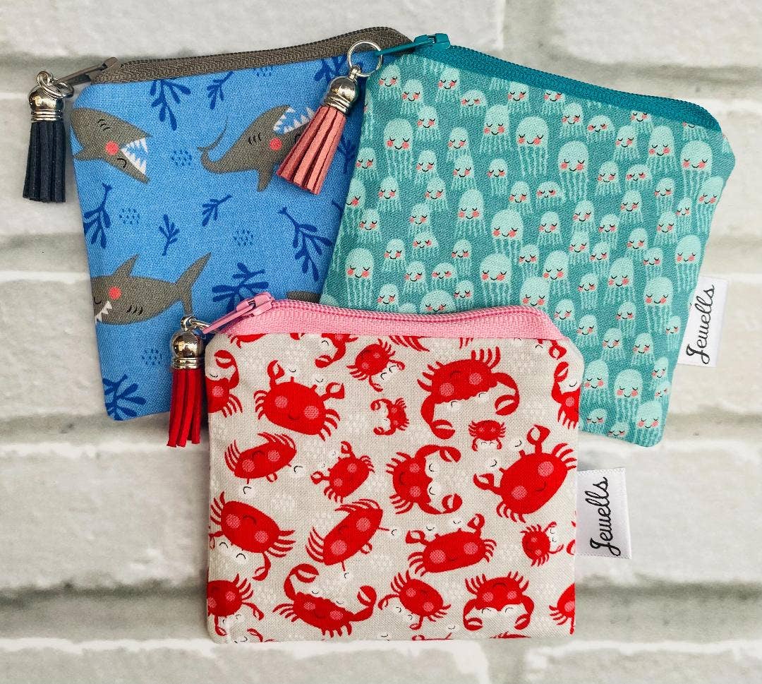 Jewells - Sealife fabric coin purse pouch 2 sizes Crab Shark Jellyfish