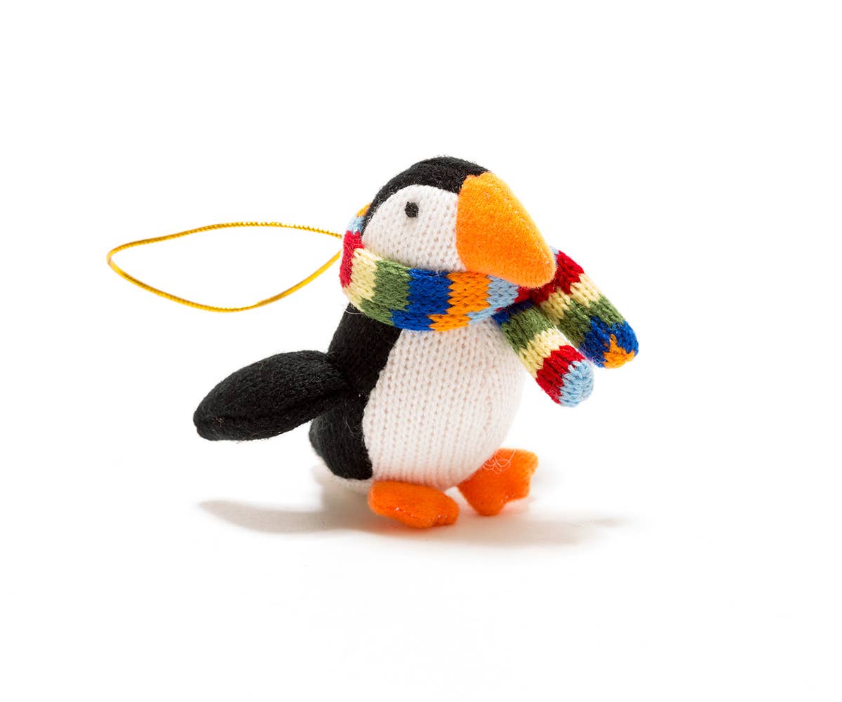 Puffin Hanging Decoration with stripe scarf Knitted