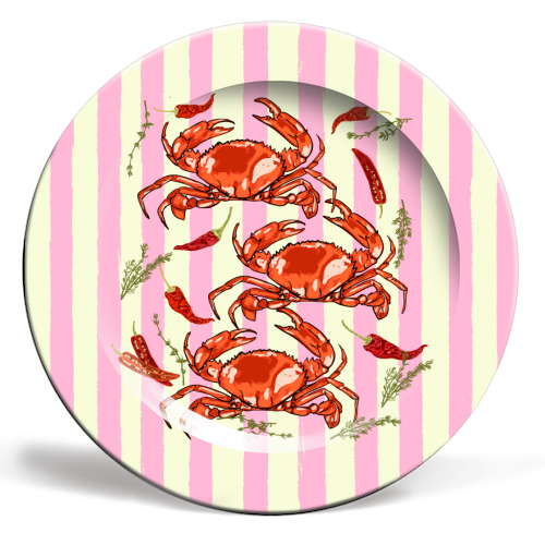 Art Wow - Plates, Spicy Red Crabs on Pink Pastel Stripes by EZbie - 8"