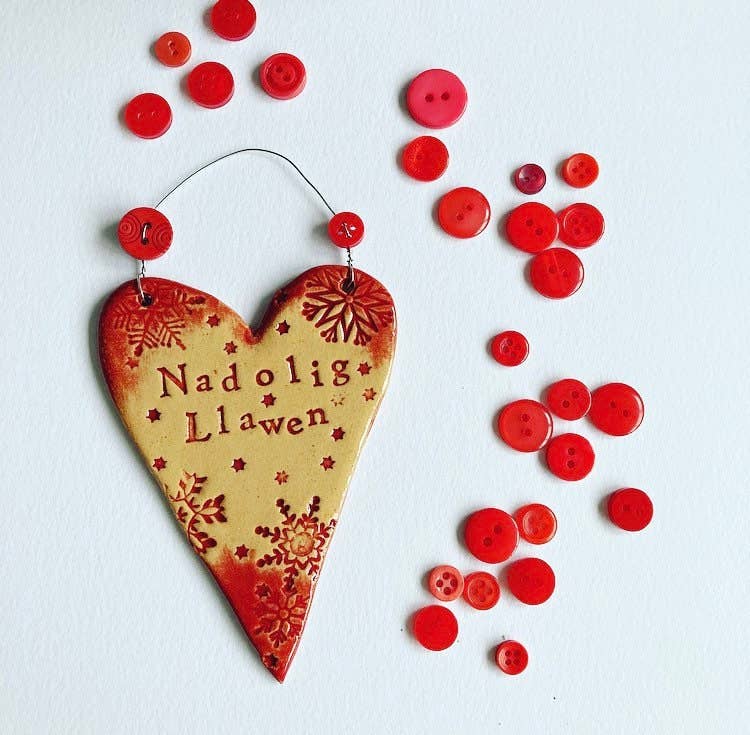 Nadolig Llawen Welsh Ceramic Heart/Star Decoration