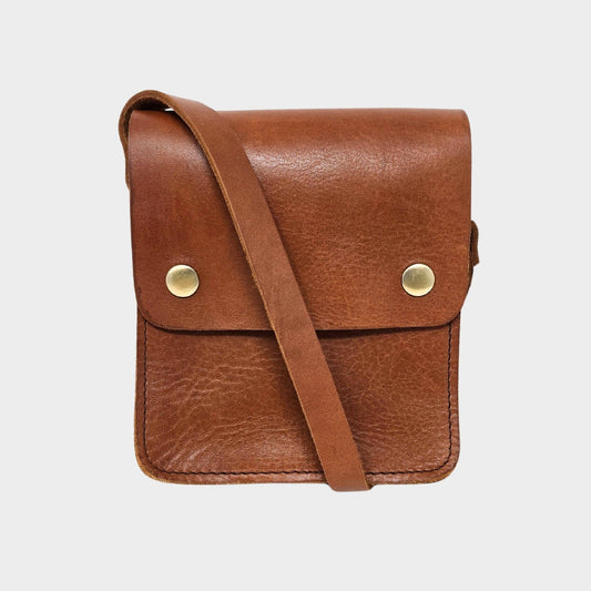 Small Tan Leather Crossbody Bag with Pop Closure