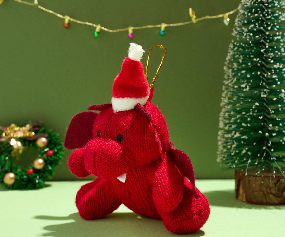 Red Dragon Christmas Decoration wearing Xmas Hat, Knitted