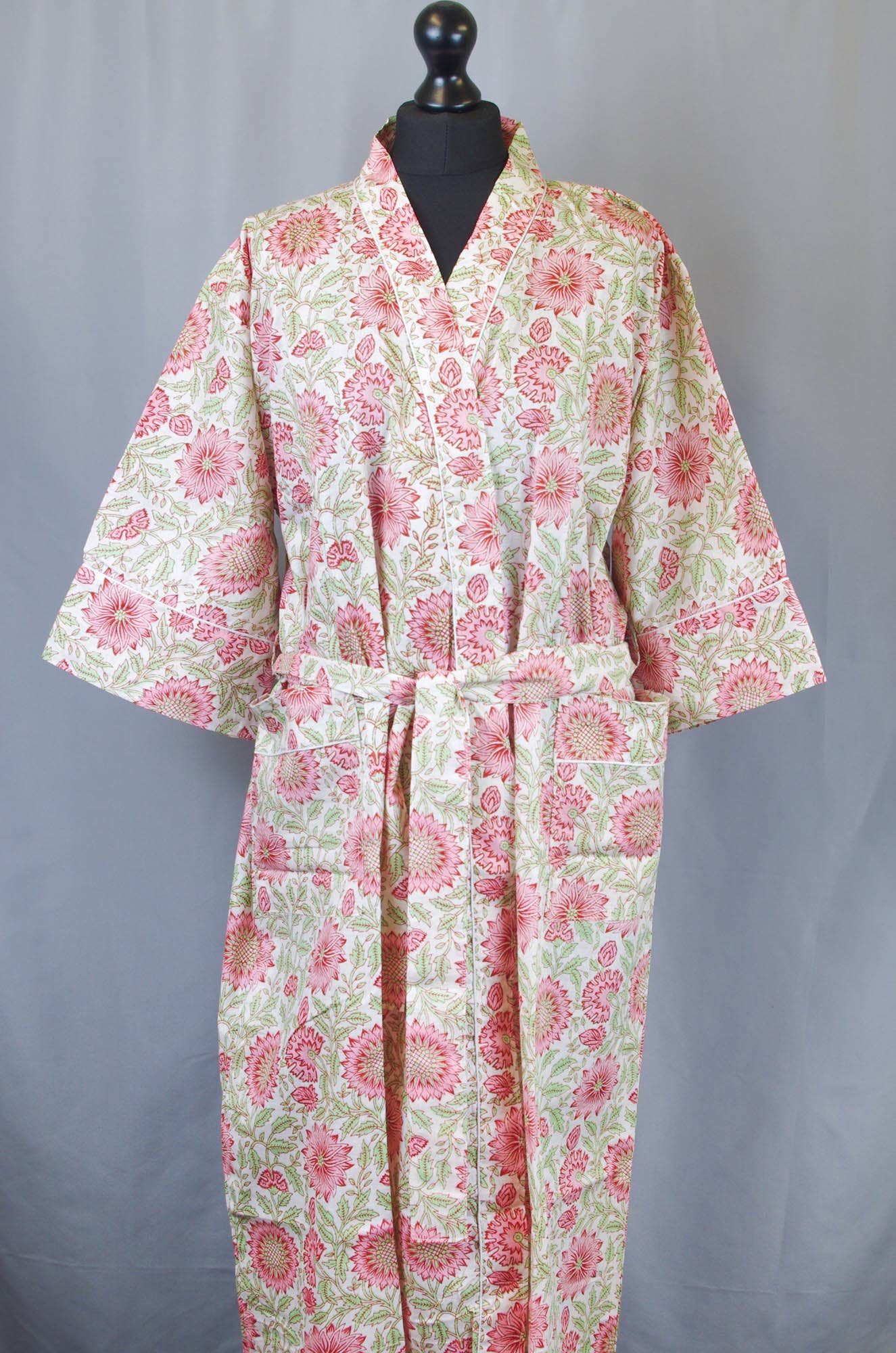 Kanthor Decor Cotton Kimono Dressing Gown Robe - Pink Sunflowers On Cream