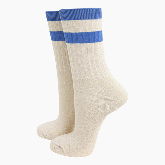 Striped Cuff Ribbed Cotton Glitter Socks in Cream/Blue