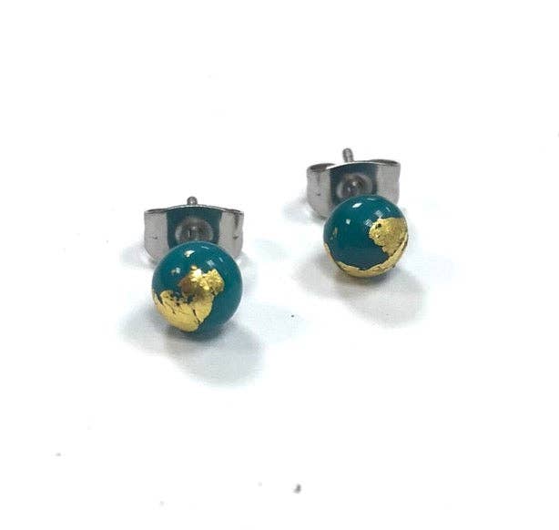 Teal and Gold Handmade Glass Stud Earrings