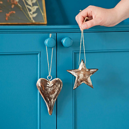 The Paper High Gift Company Ltd - Mango Wood Heart and Star Decorations