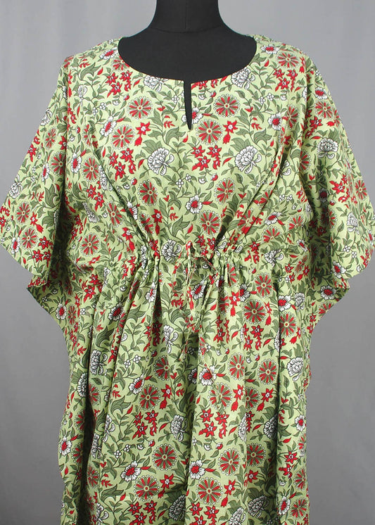 Kanthor Decor Block Printed Cotton Coverup / Kaftans - Green Red Floral