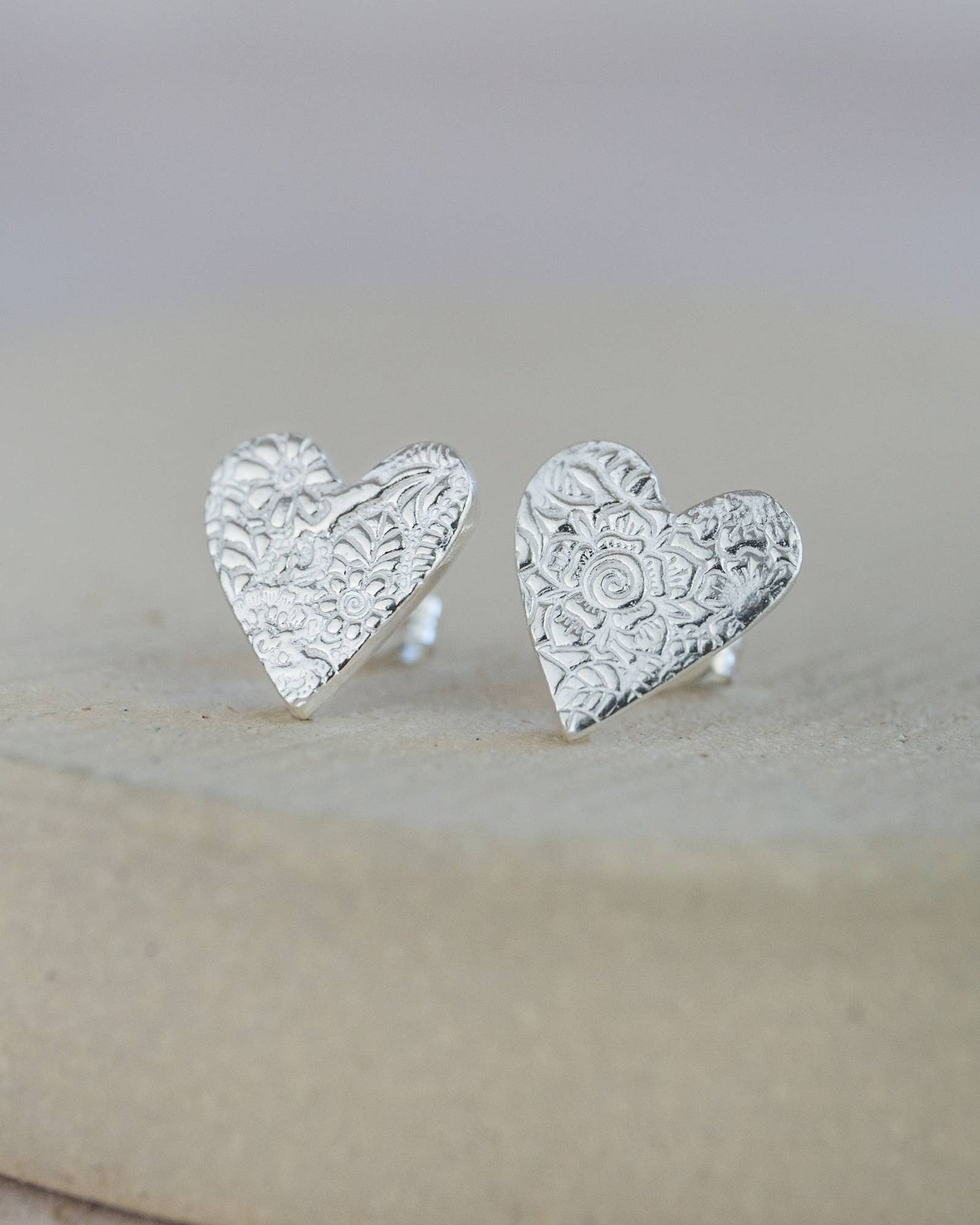 Sterling Silver Textured Heart Studs