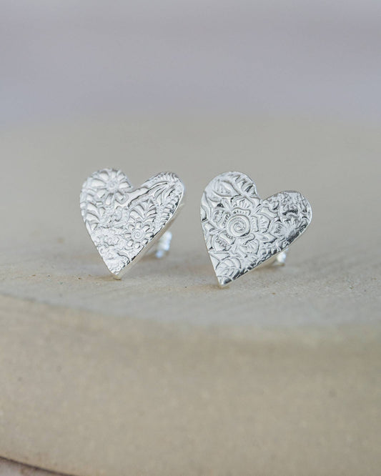 Sterling Silver Textured Heart Studs