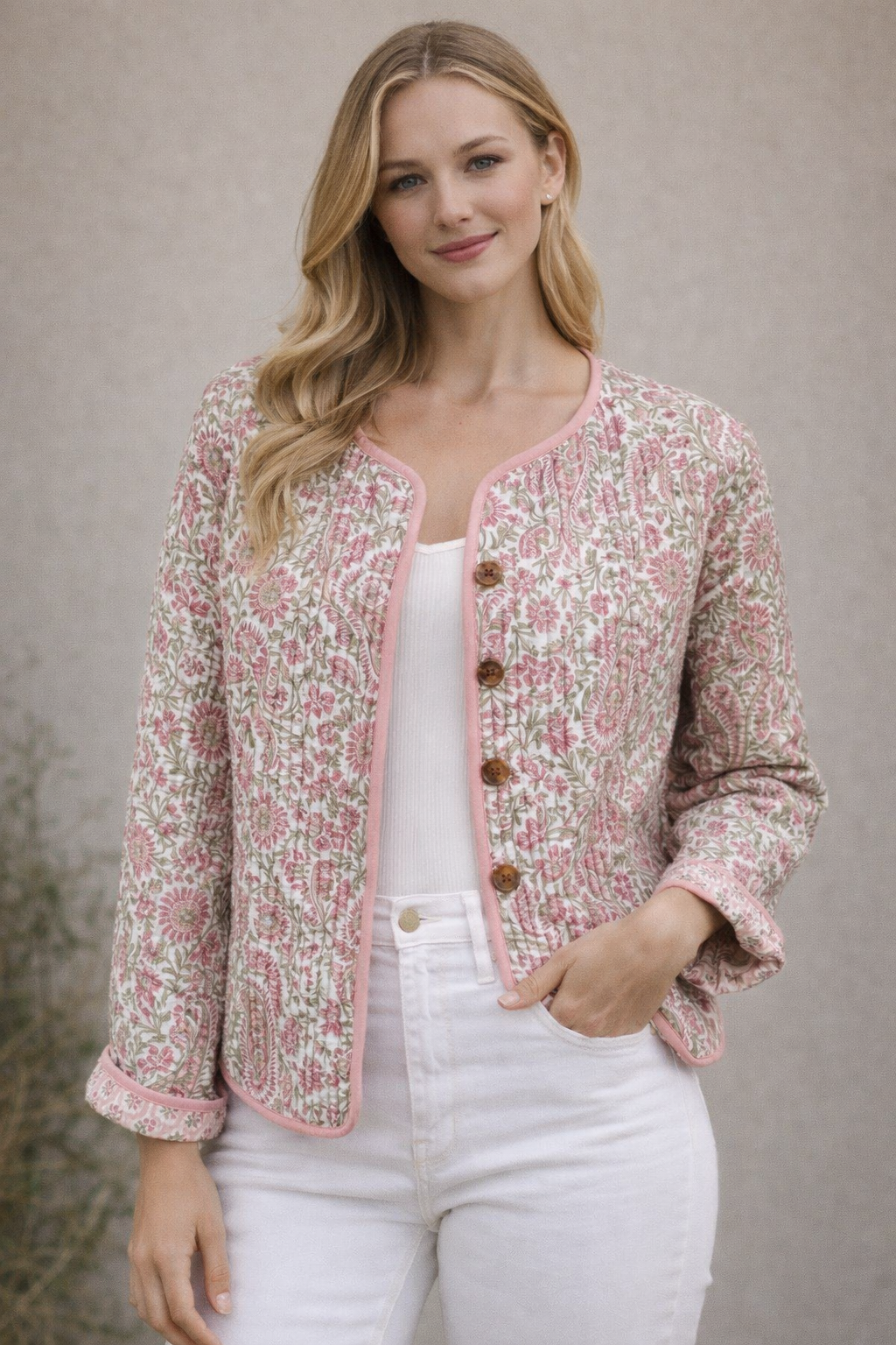 Floral  wood block printed reversible jacket with wooden buttons. 100 % cotton. Hand printed by amazingly talented artisans in Jaipur