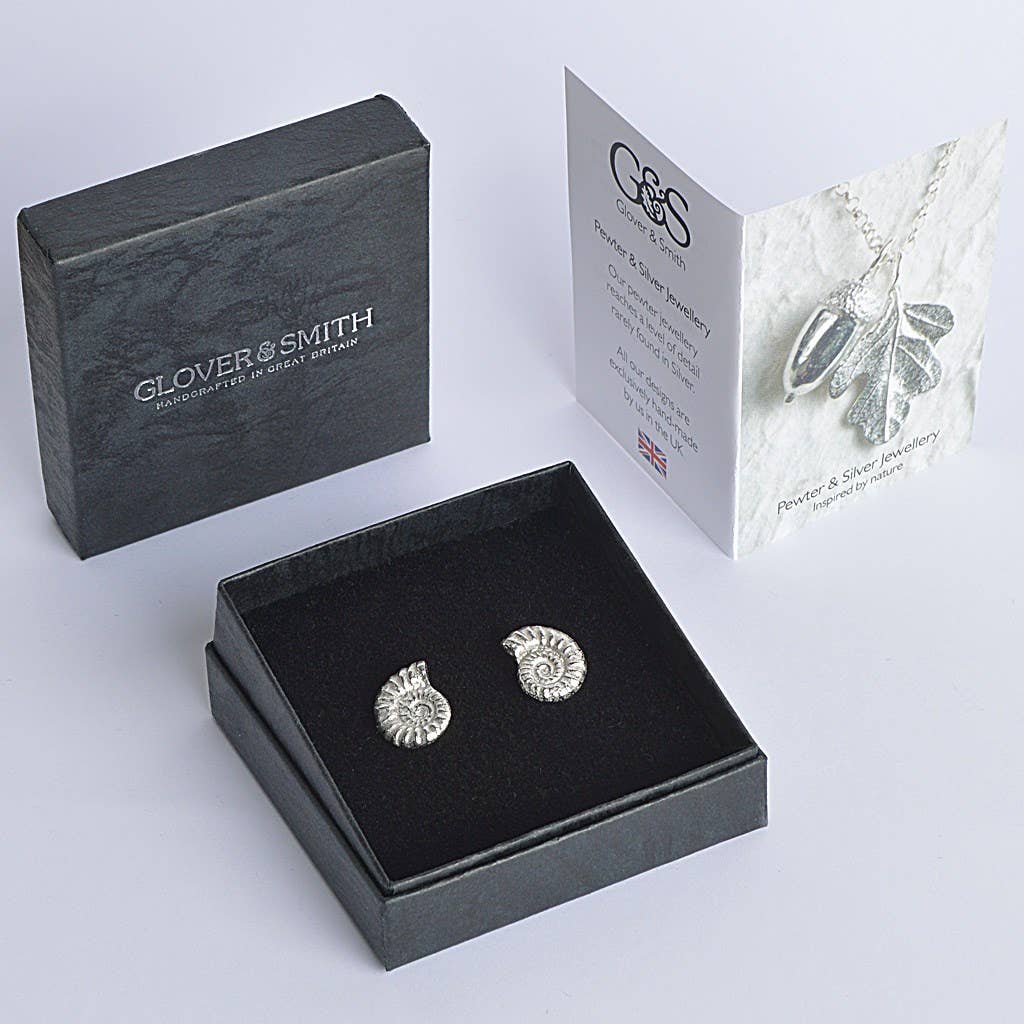 Ammonite Stud Earrings, English Pewter Jewellery