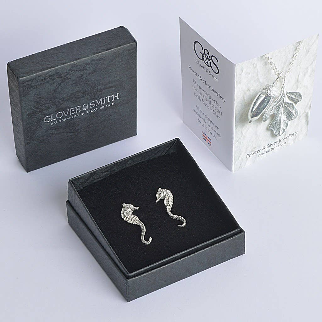 Seahorse Stud Earrings, English Pewter Jewellery