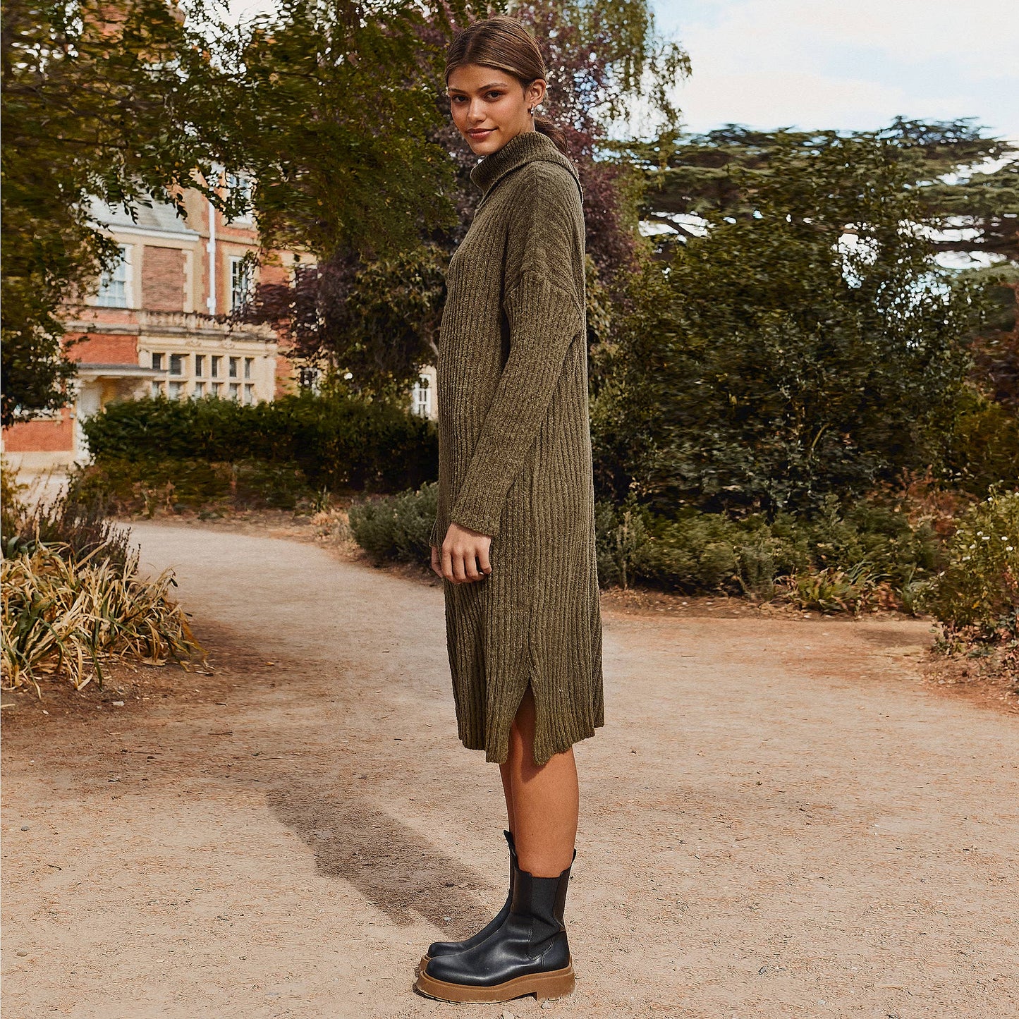 Cara & The Sky - Joey Boucle Roll Neck Midi Dress - Khaki