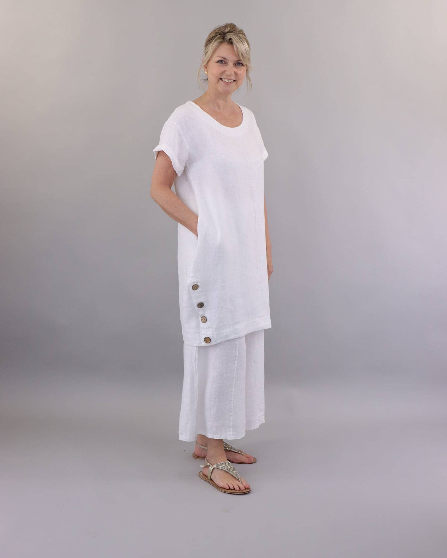 Cadenza Coconut Button Linen Dress: Lotus