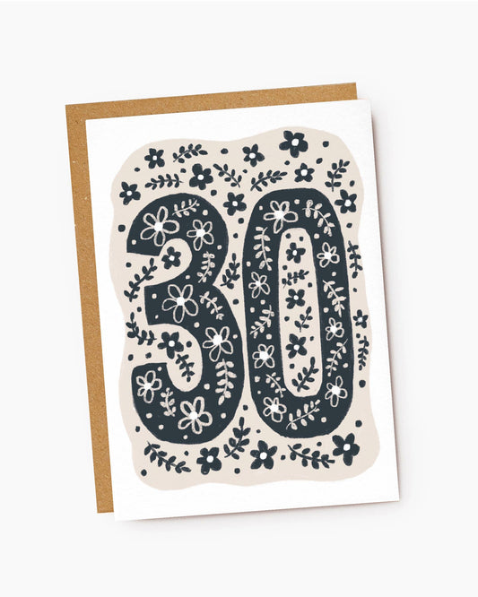 30th Birthday Card - Beige & Navy - Floral