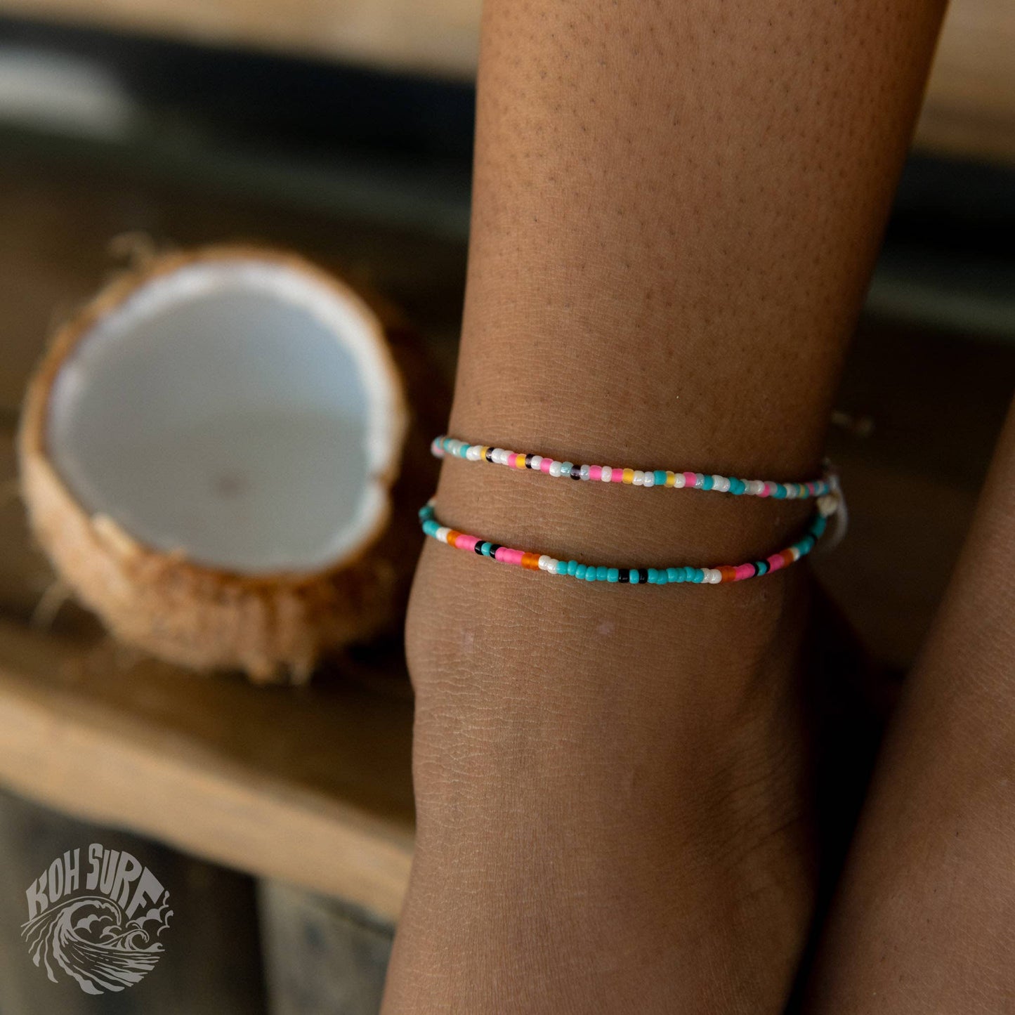 Pineapple Island -  Alila Dainty Beaded Anklet, Beach Anklet by Koh Surf: White & Pink