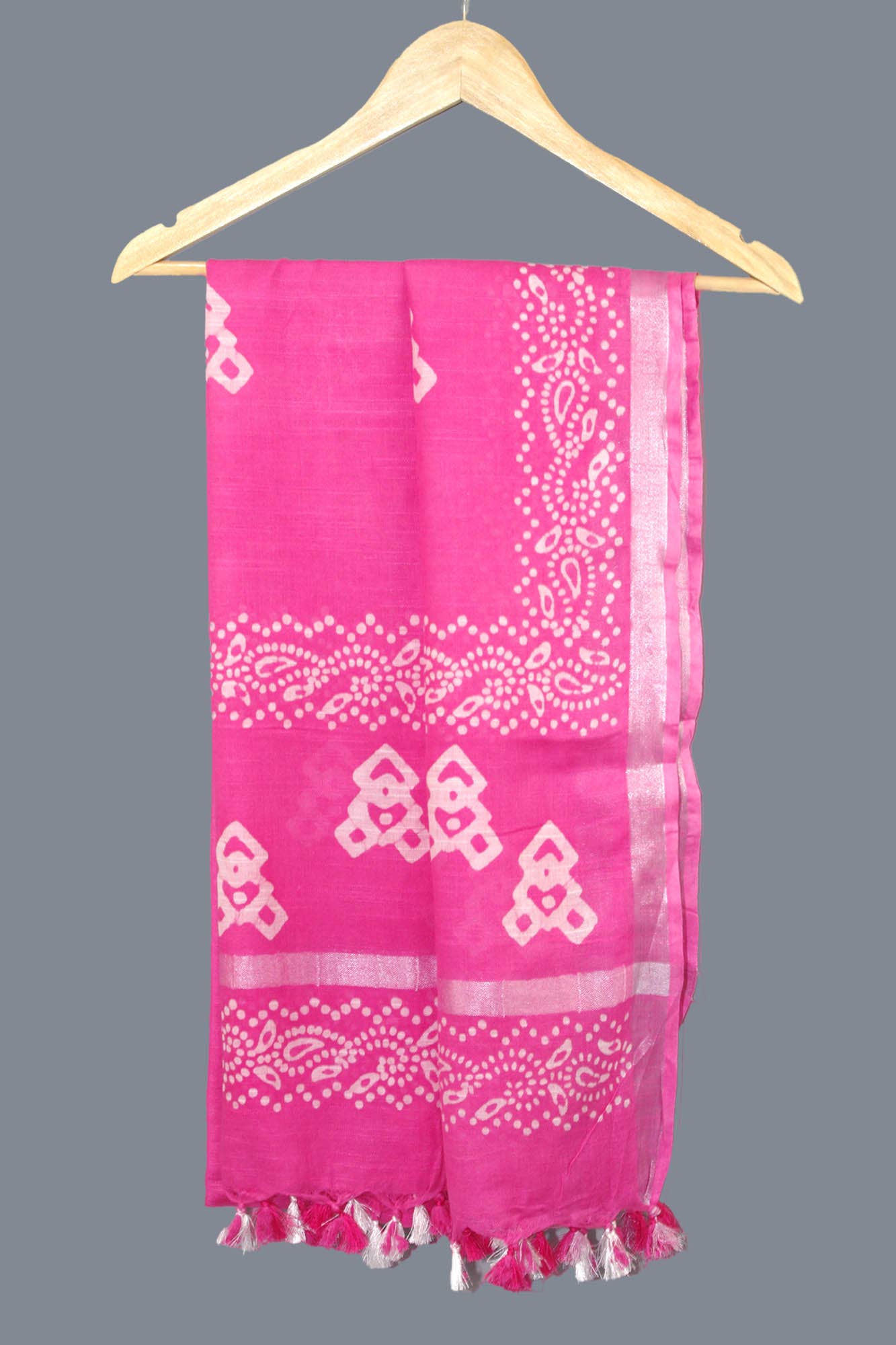 Kantha Decor - Linen Scarf / Stole with Tussle- Pink White Batik Print
