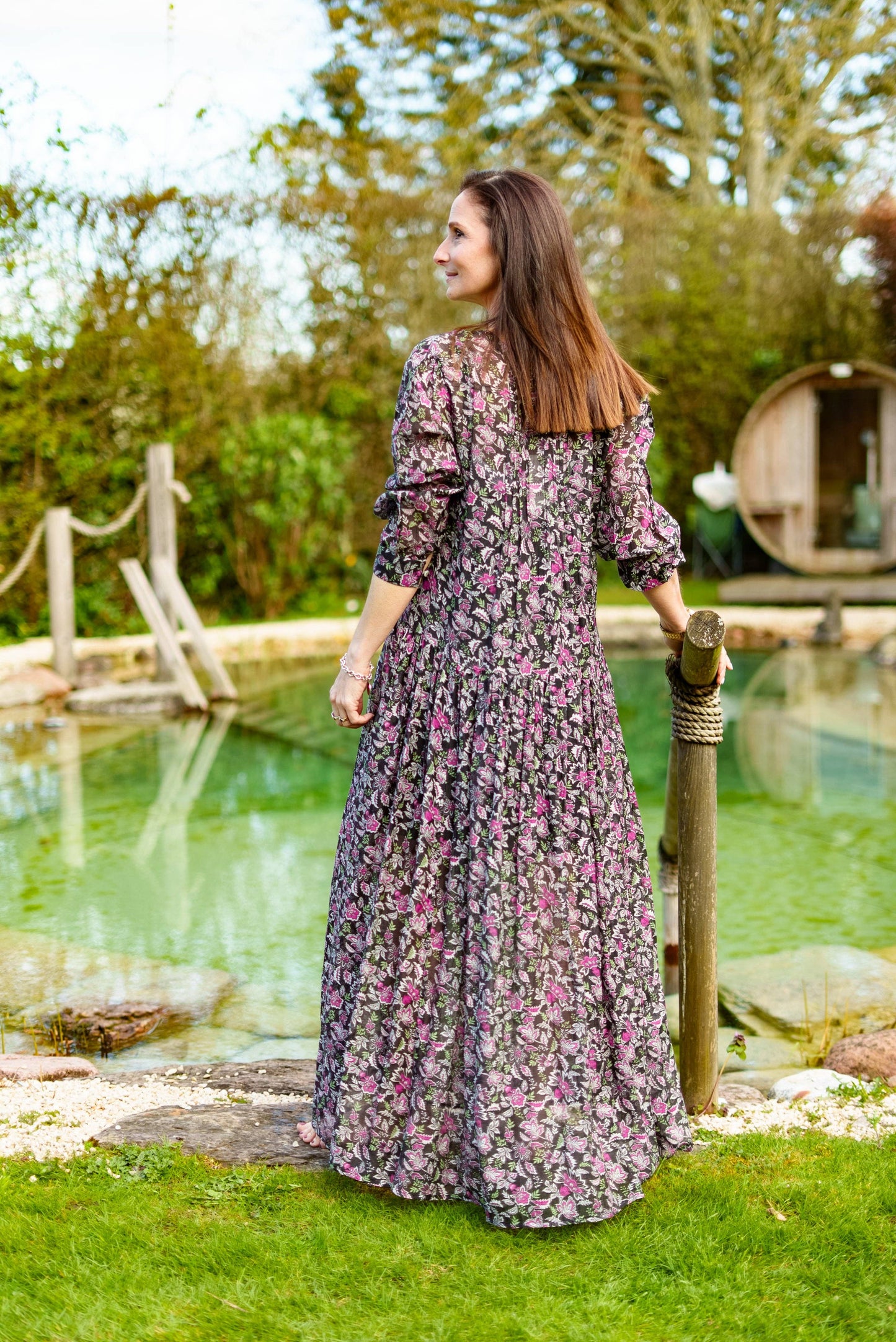 Inky black Cotton / Silk maxi dress in beautiful floral print with separate cotton vest under garment. Side pockets.
