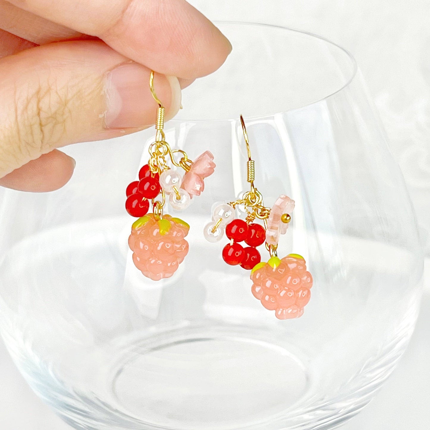 Ninaouity Handmade Pink Raspberry and Flowers Earrings