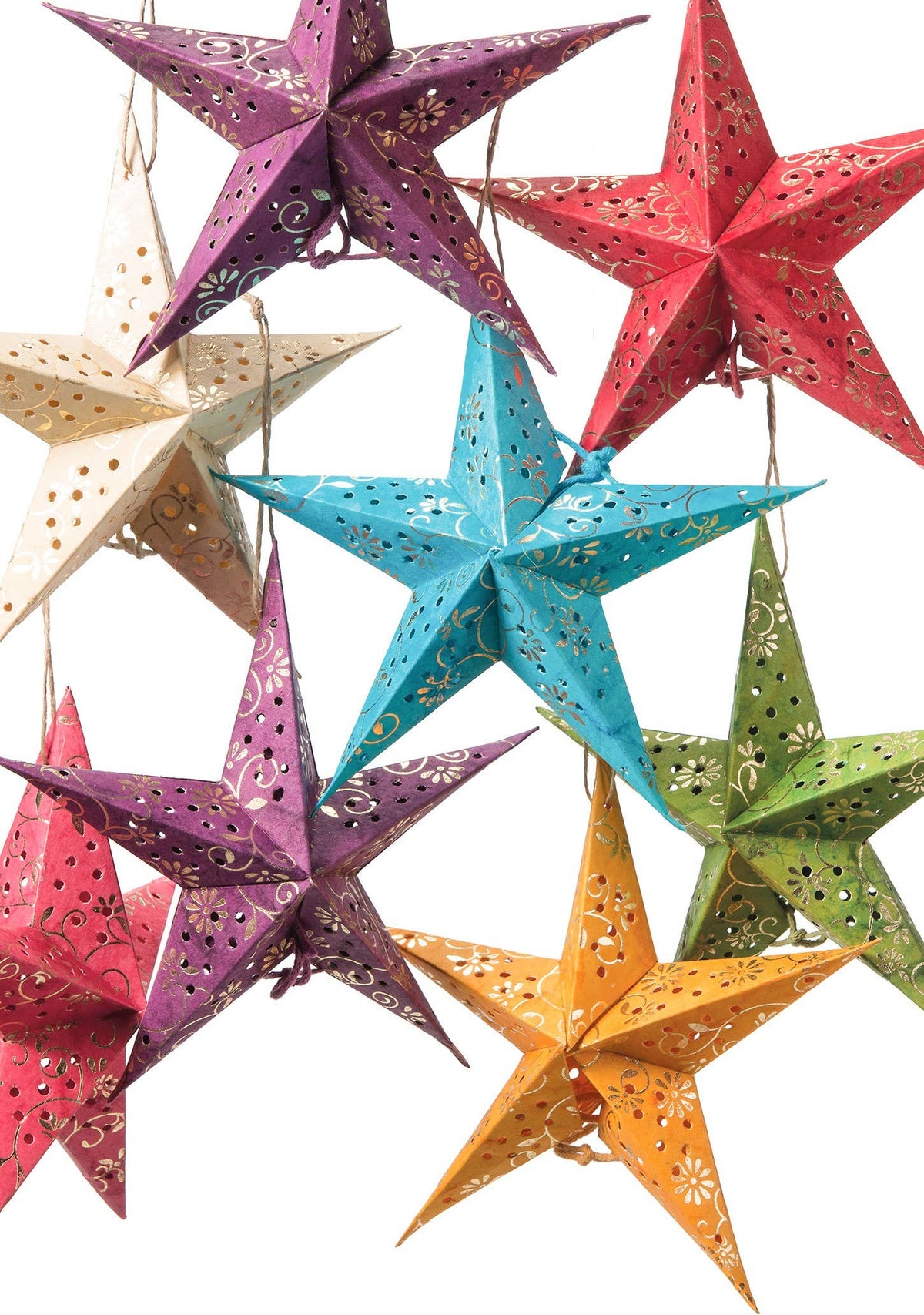 Pack of 8 Handmade Paper Stars Gold Flower Batik