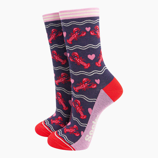 Lobsters Love Hearts Bamboo Socks in Navy Blue