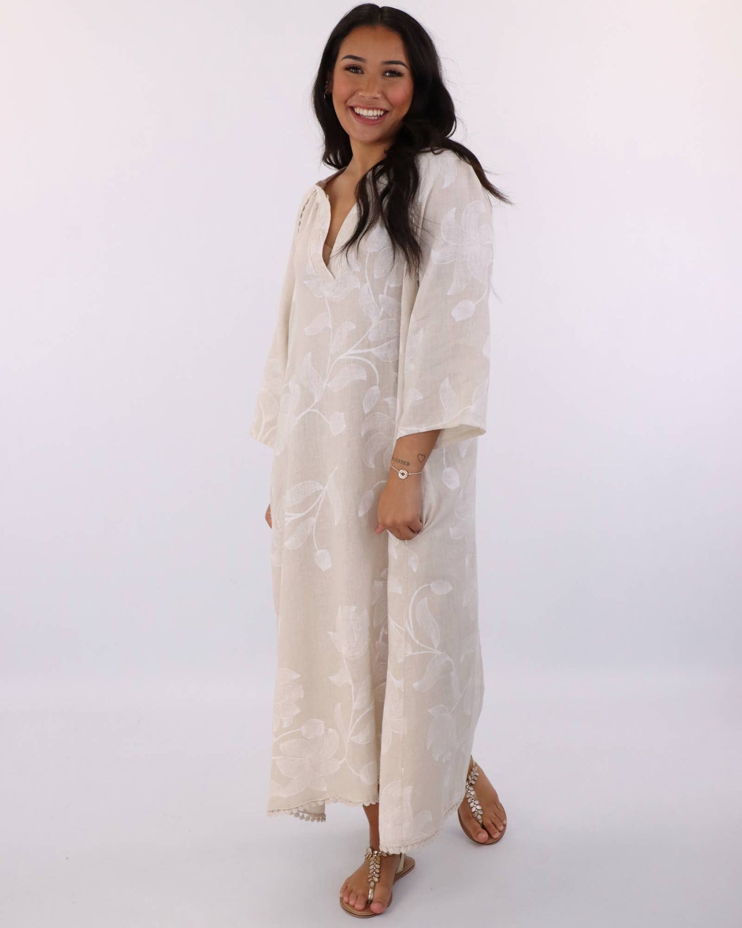 Cadenza Lace Edge Linen Midi Dress: Cream